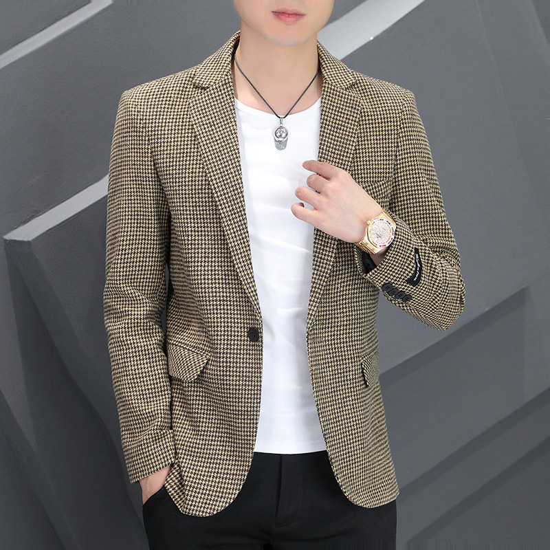 一件代发2022西装男春秋千鸟格子韩版上衣小西服外套男士休闲英伦