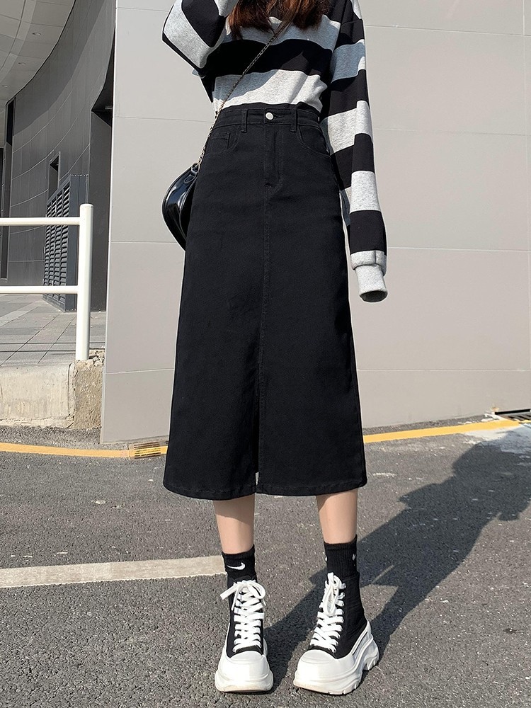 黑色高腰前开叉牛仔裙女秋冬中长款半身裙厚新款a字裙子不退不换
