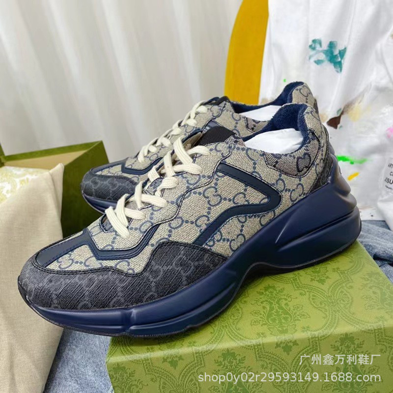 高版本老爹鞋ins潮2021春季新款真皮老花厚底百搭情侣休闲运动鞋