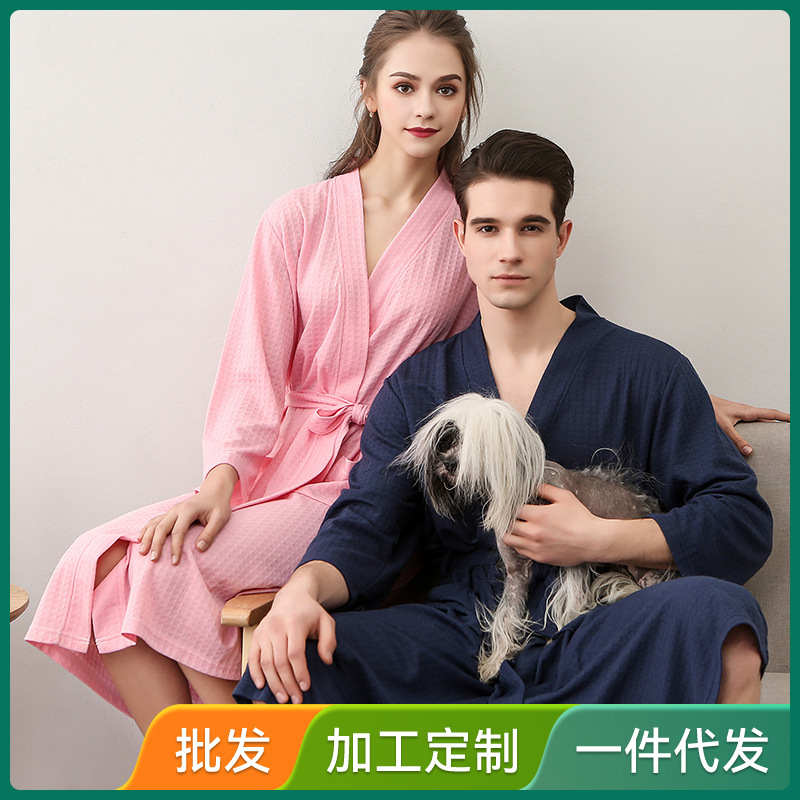 Spring and Summer Bathrobe Women's Nightgown Absorbent Couple Home Wear Hotel Sweat Steaming Long 3/4 Sleeves Waffle Pajamas Generation Hair