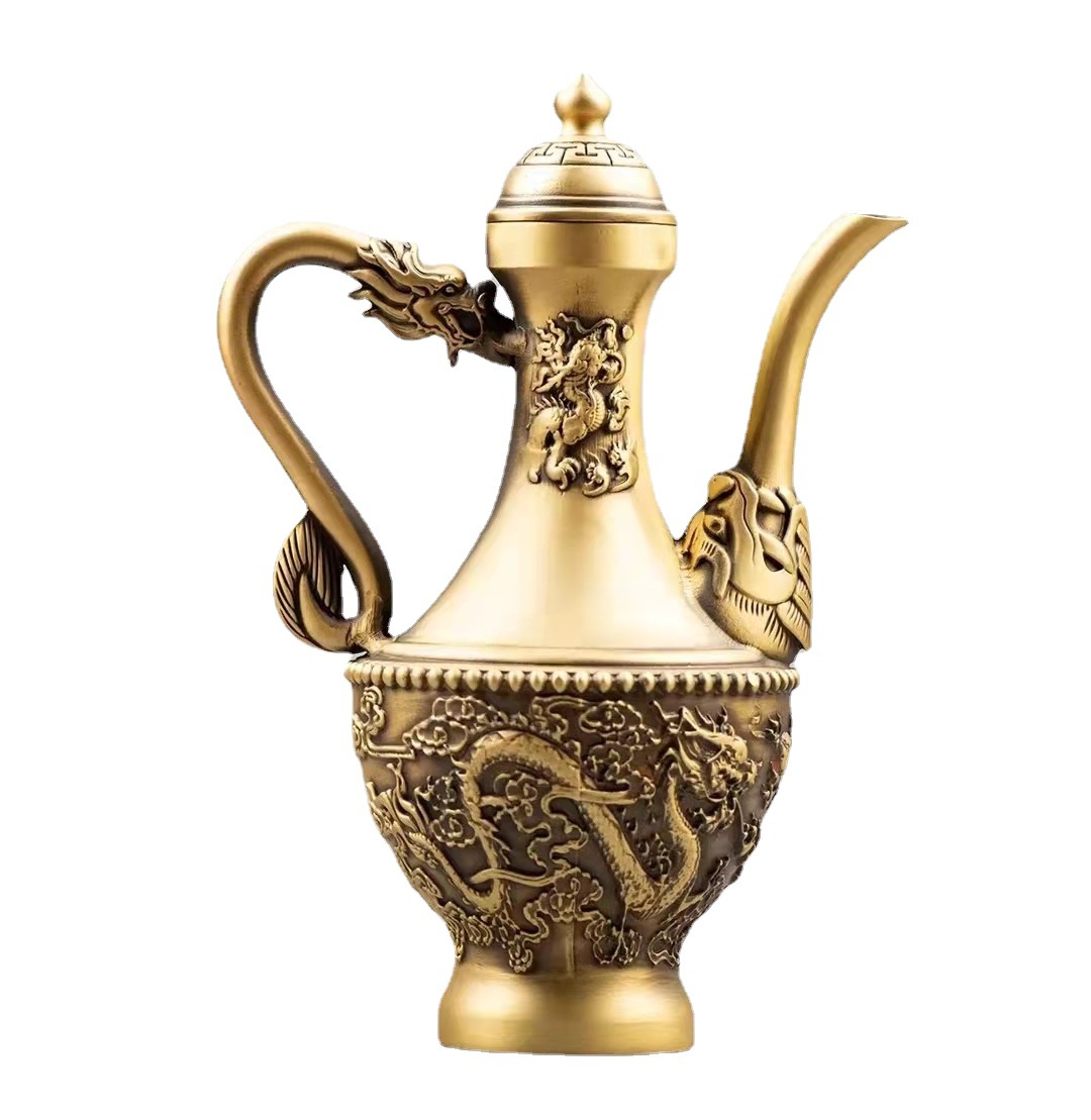黄铜浮雕高脚龙凤壶八仙酒壶仿古酒壶水壶双龙把把壶摆件古玩收藏