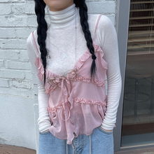 韩国chic春季甜美气质V领拼接木耳边系带叠穿百搭显瘦雪纺吊带衫