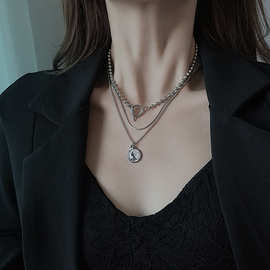 圆牌人头像多层叠带项链女ins冷淡风锁骨颈链小众设计感网红气质