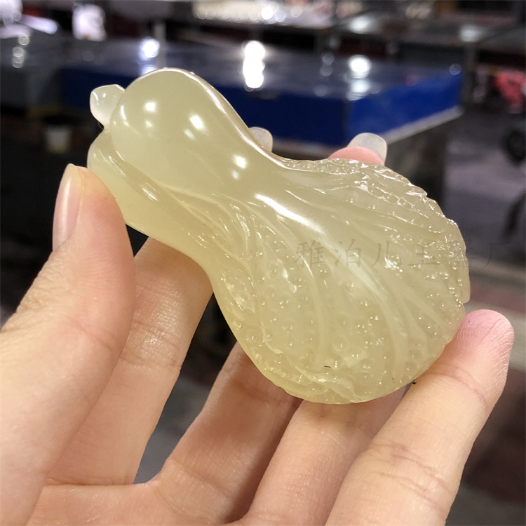 天然冰种蚕丝玉白菜手把件青白玉百财把玩件阿富汗玉白菜手把件
