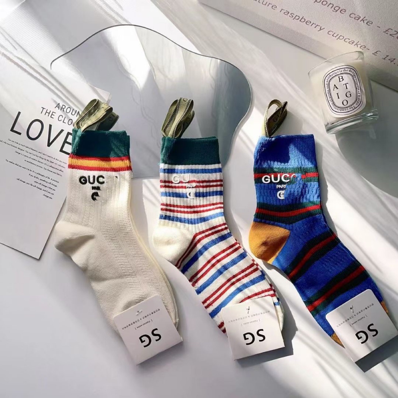 高端欧货烫印条纹拼色彩跟中筒潮袜子学院风细条纹女棉东大门时尚