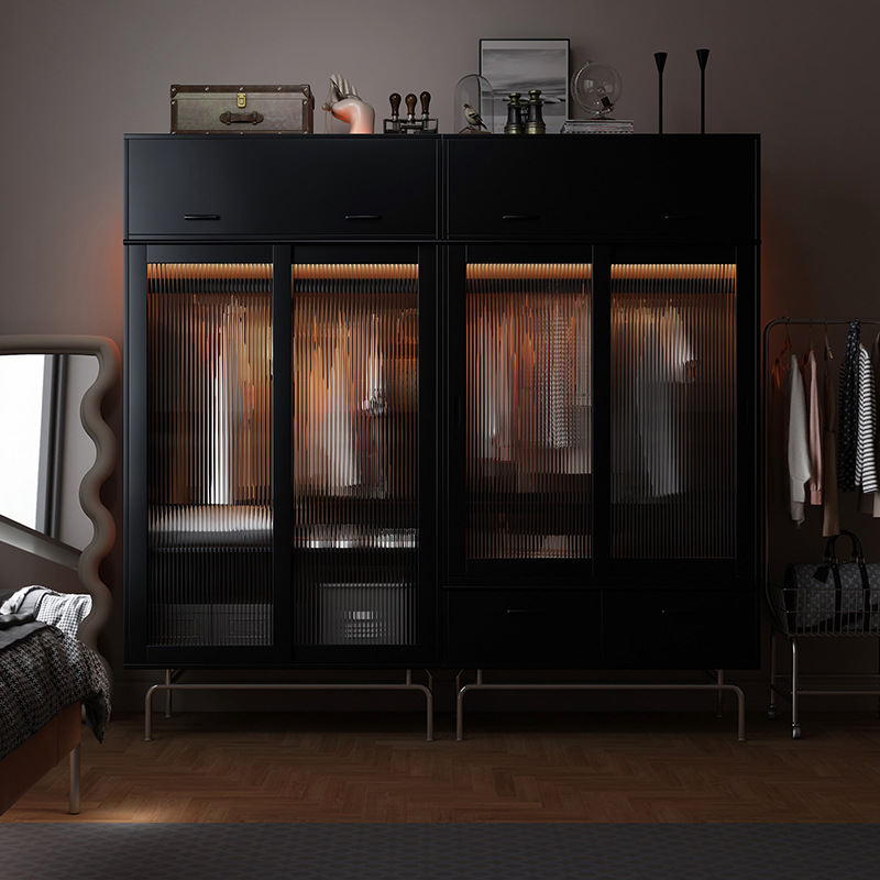 黑色衣柜实木法式简易收纳柜两门衣橱复古民宿家用卧室推拉门衣柜