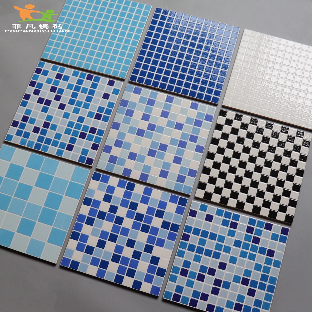 蓝色白色马赛克格抛晶砖300x300游泳池瓷砖温泉厨房浴室防滑地砖