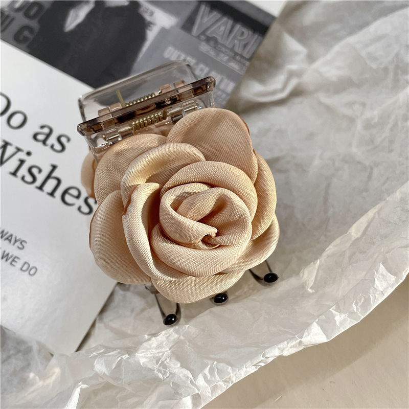 Romantic French Satin Flower Hair Clip Milk Tea Color Camellia Barrettes Hair Claw New Chinese Hair Accessories for Women Hair Claw