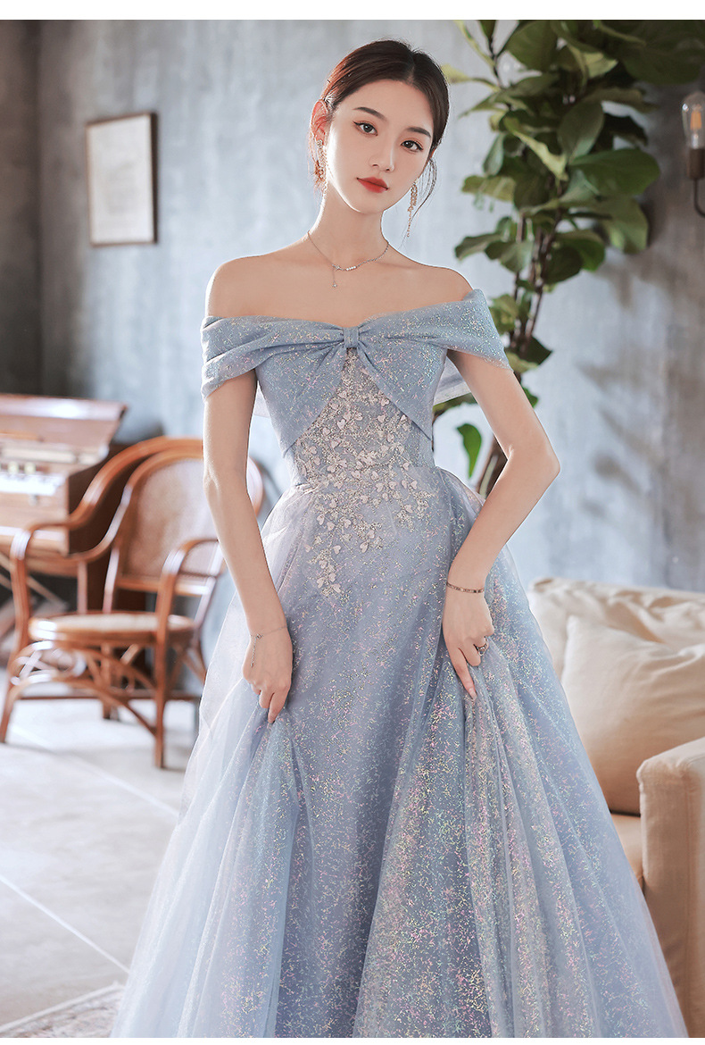 晚礼服裙女宴会2022新款蓝色小众气质年会主持裙声乐艺考连衣裙