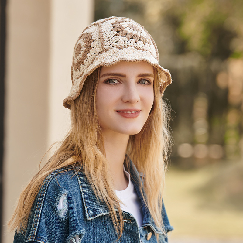 多色可爱毛线手钩帽秋冬季甜美毛线帽子日系镂空花朵手工针织盆帽