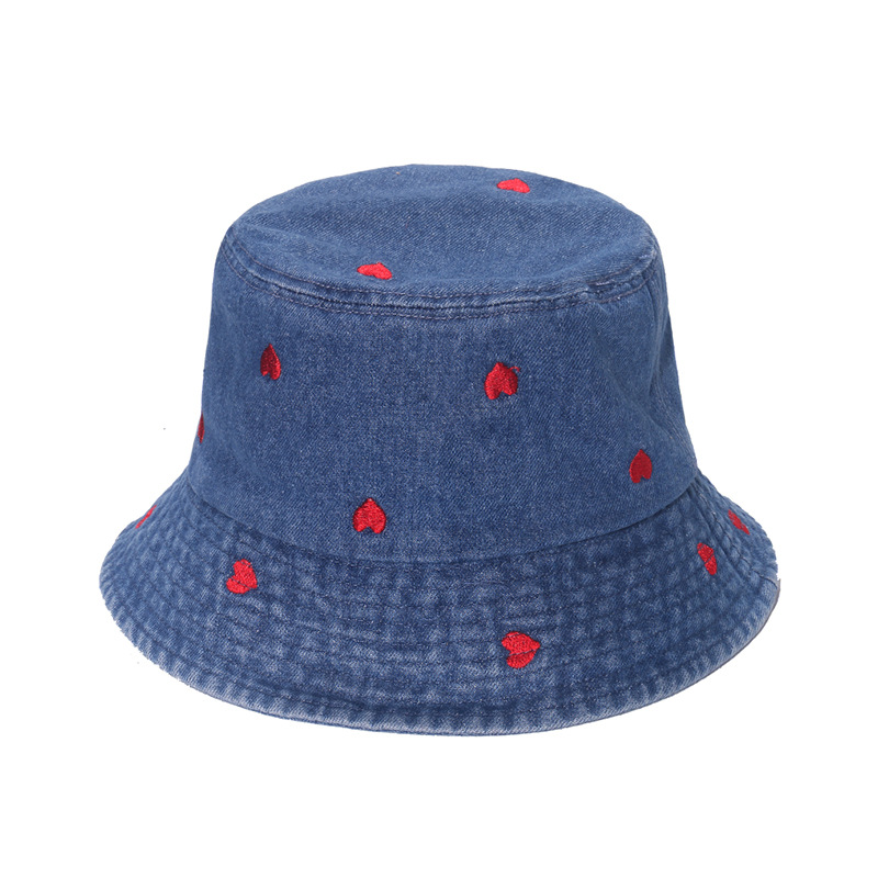 INS Japanese and Korean Style Trendy Bucket Hat Casual All-Matching Sun-Proof Sun Hat Denim Love Embroidered Fisherman Hat Children