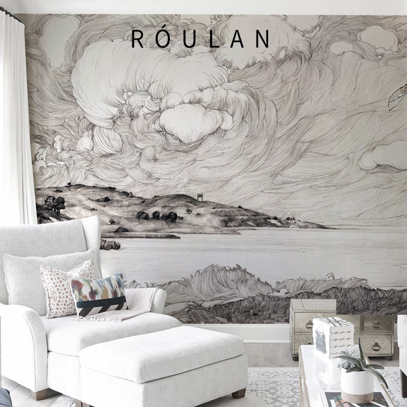 北欧风格墙纸黑白素描风景壁纸手绘电视背景墙壁画进口墙布