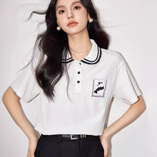 G9110少女减龄娃娃领熊猫刺绣T恤女设计感小个子polo衫上衣短袖夏