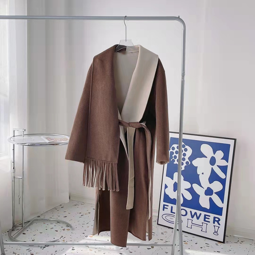 2021秋冬新款围巾设计韩版时尚中长款拼色双面羊绒毛呢大衣011137