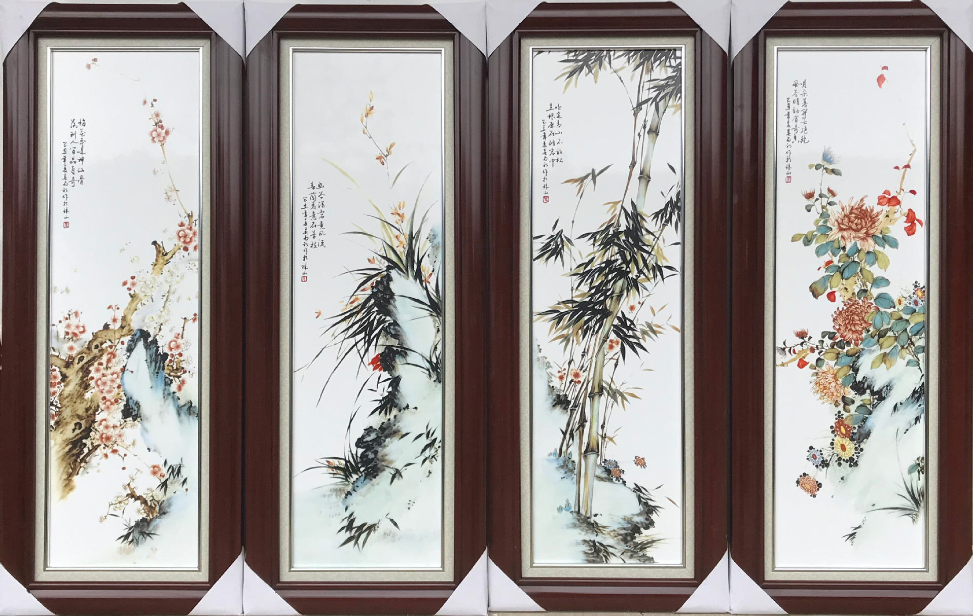 景德镇山水瓷板画四条屏背景墙壁画饰挂画客厅玄关新中式沙发走廊