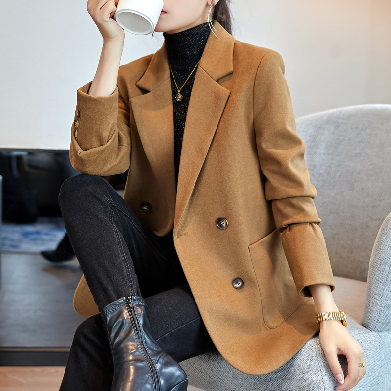 咖啡色西装外套女秋冬加厚夹棉上衣冬季保暖职业装休闲绒面小西服