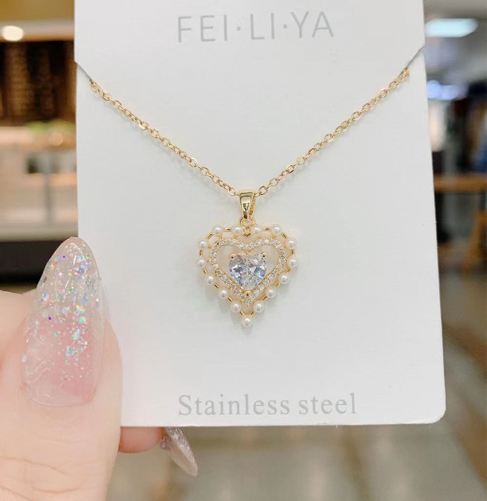 新款钛钢满钻爱心项链轻奢微镶双层锆石颈链时尚镶钻小珍珠锁骨链