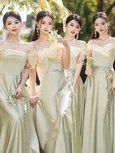 伴娘服2024新款绿色缎面夏季小众高级感姐妹团仙气质显瘦晚礼服裙