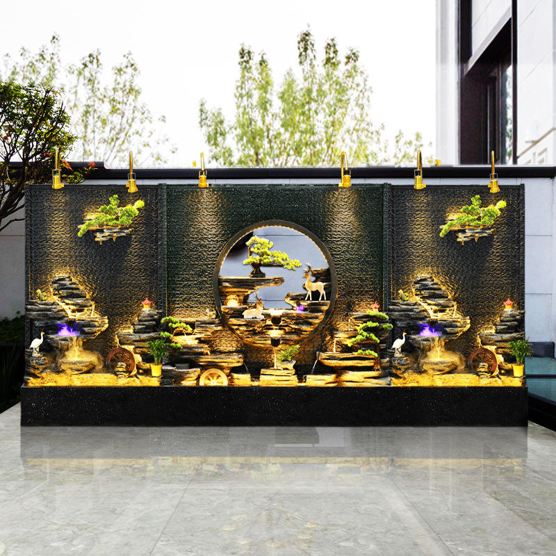 楼梯下微景观鱼塘景区酒店隔断水幕墙屏风假山会所室内落地摆件