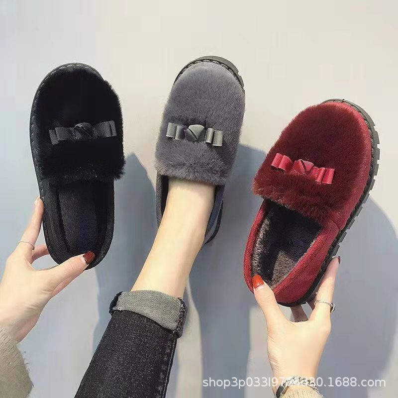 2021 New Style Beanie Autumn and Winter Warm Flat Bottom Cotton-Padded Shoes Mother's Shoes Women's Fleece-Lined Student Shoes Indoor Korean Style Non-Slip