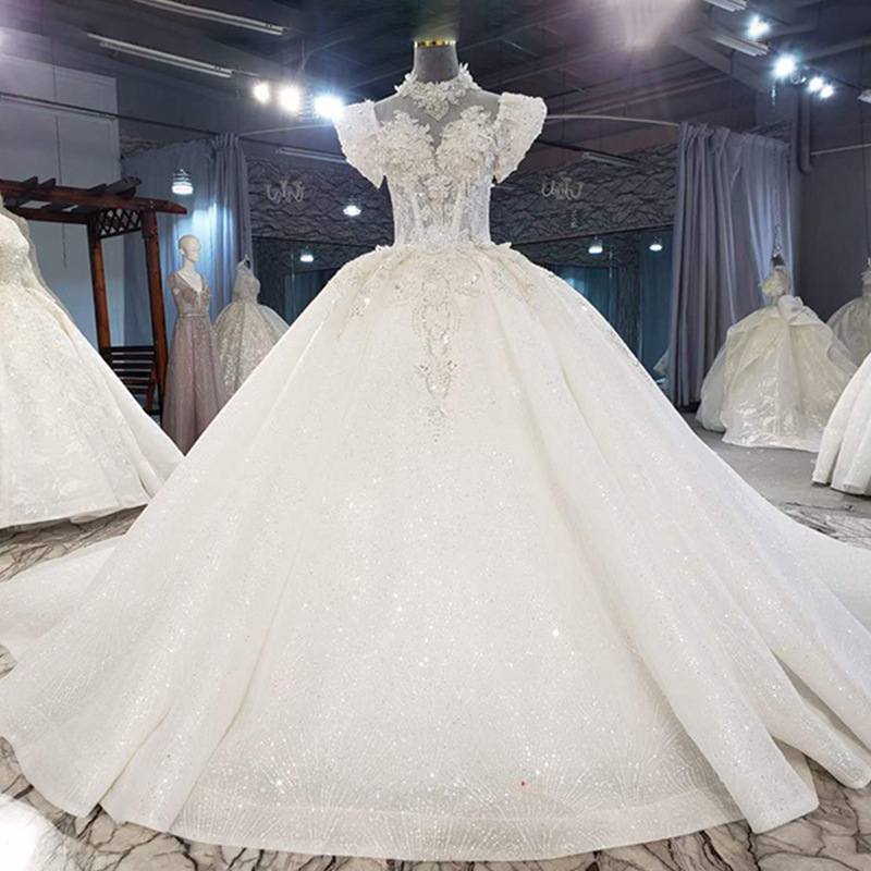 2021新款韩式优雅白色高领蕾丝贴钻花朵亮片高腰修身长拖尾婚纱