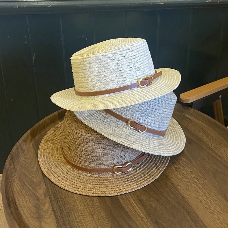 Straw Hat Female Summer Mother and Daughter Parent-Child Hat Travel Sun Protection Sun Hat Flat Top Hat Belt Buckle Handsome Beach Hat New