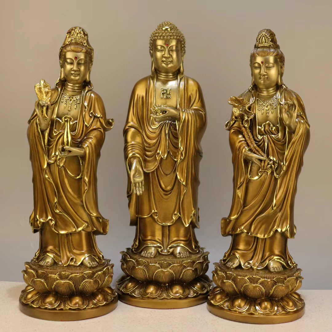 铜佛像摆件西方三圣阿弥陀佛观音菩萨大势至菩萨站像佛堂家用供奉