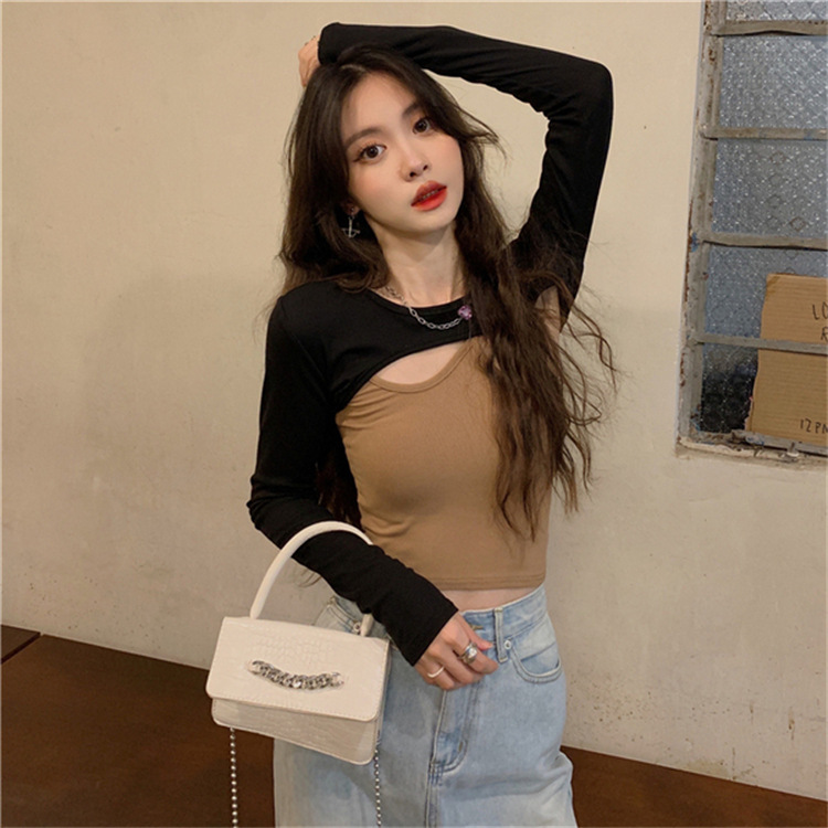 跨境双面德绒吊带打底衫二件套欧洲站修身型长袖加厚