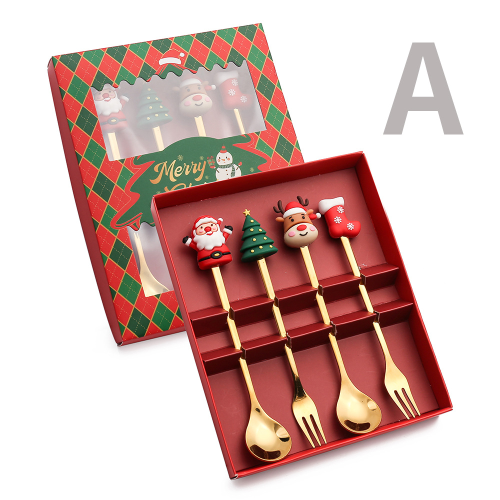 Q Christmas Spoon Tableware Set Snowman Elk Coffee Spoon Santa Claus Fruit Fork Doll Spoon Fork Gift