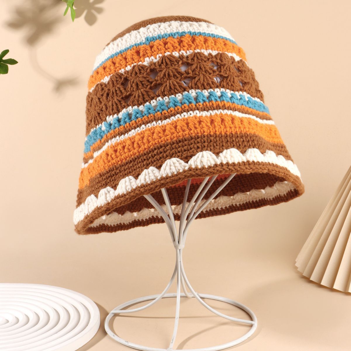 New Striped Handmade Woven Hollowed Milk Cotton Bucket Hat Women's Spring and Autumn Cute Contrast Color Korean Style Fashion Bucket Hat