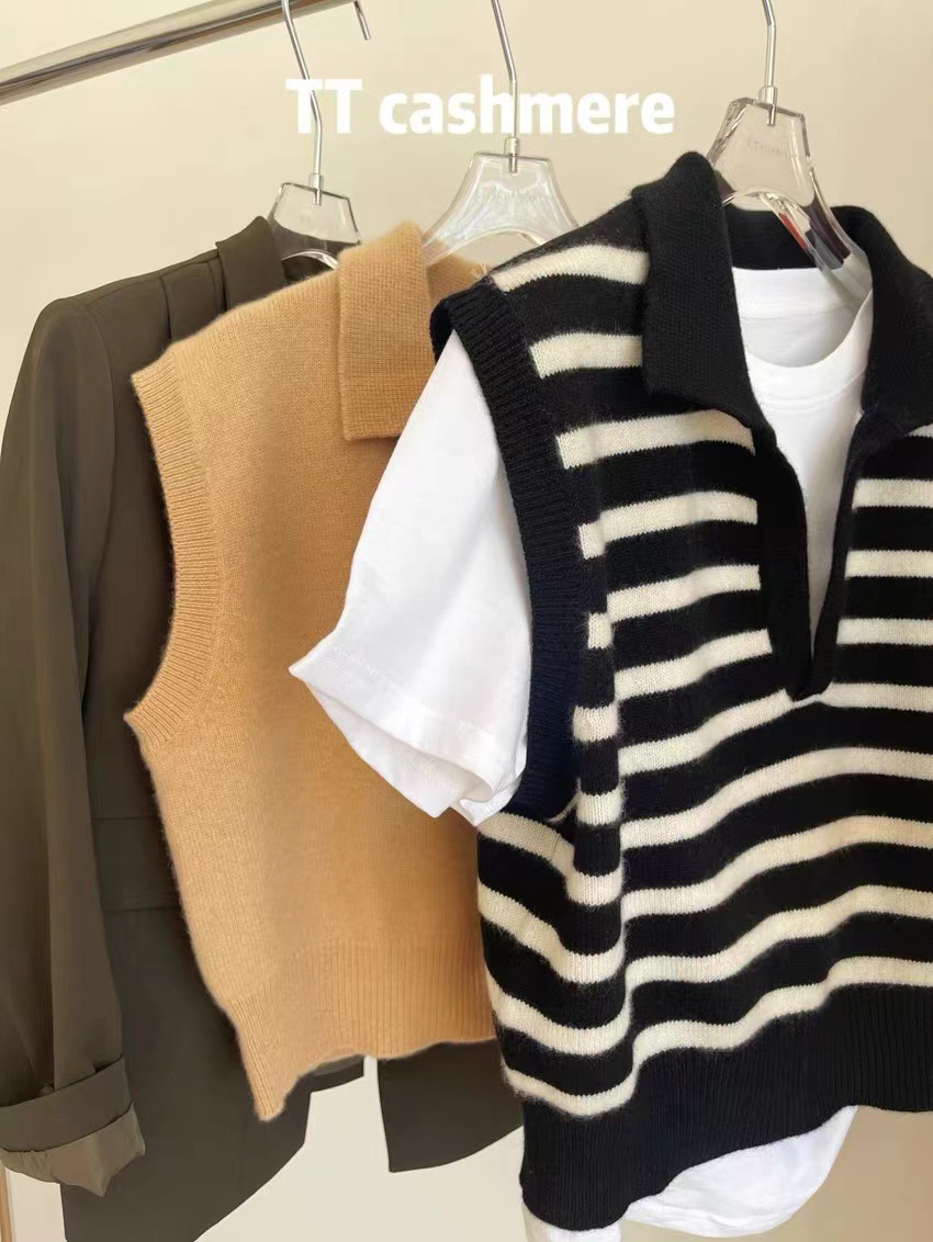 2023 早秋新款翻领羊毛针织马甲背心女宽松条纹套头无