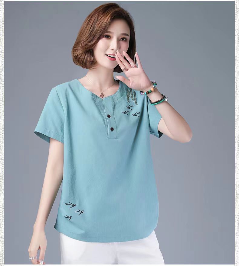 2023 Cotton and Linen Art T-shirt Women's Summer Young Mothers' Clothing Short Sleeve plus Size T-shirt Middle-Aged Loose Casual Top