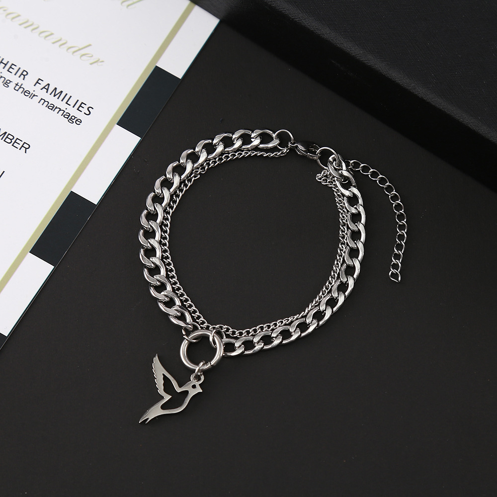 Korean Style Stainless Steel Double Layer Twin Bracelet Design Sense Pendant Bracelet Sweet Cool Style Men and Women Temperamental Bracelet Accessories