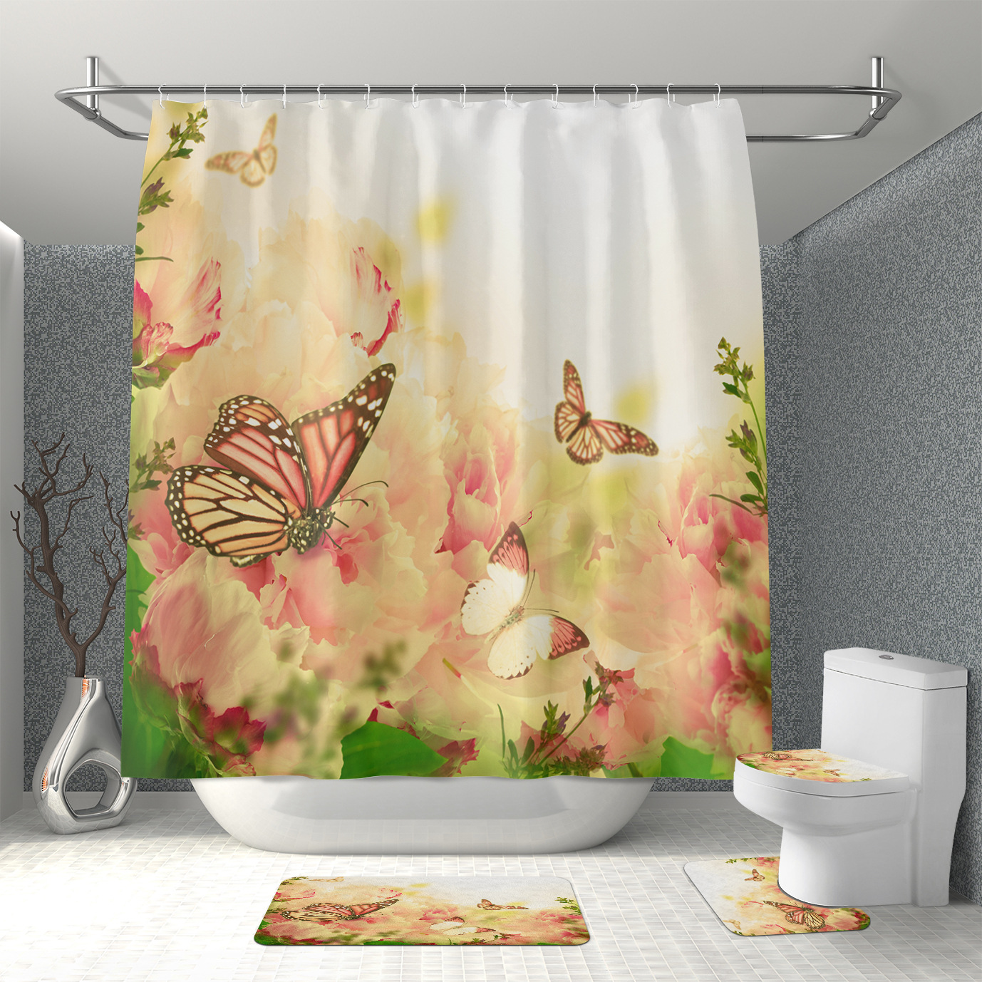 Source Manufacturer Amazon Cross-Border Hot Sale Waterproof and Mildew-Proof Polyester Bathroom Butterfly Shower Curtain Floor Mat Four-Piece Set