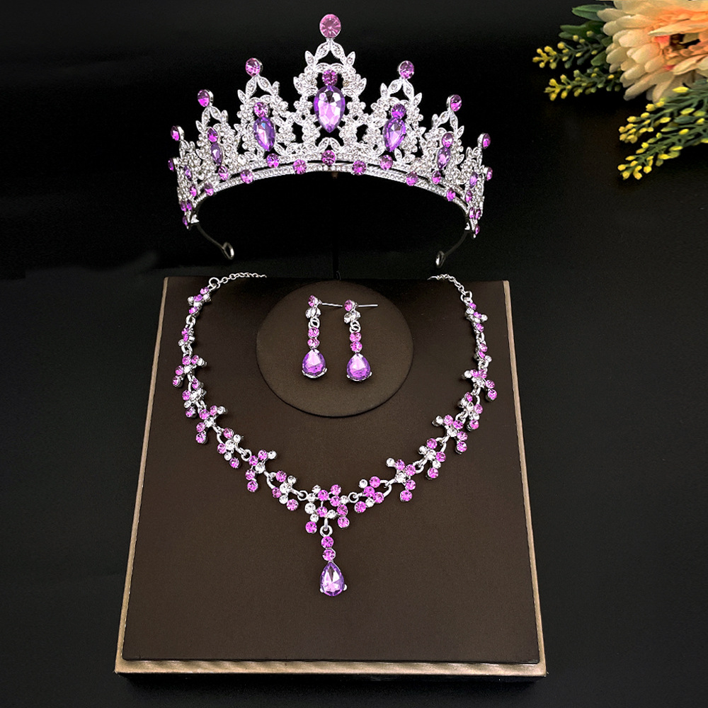 New Bridal Headdress Crown Three-Piece Set Wedding Necklace Earrings Rhinestone Suit European and American Wedding Accessories Wholesale