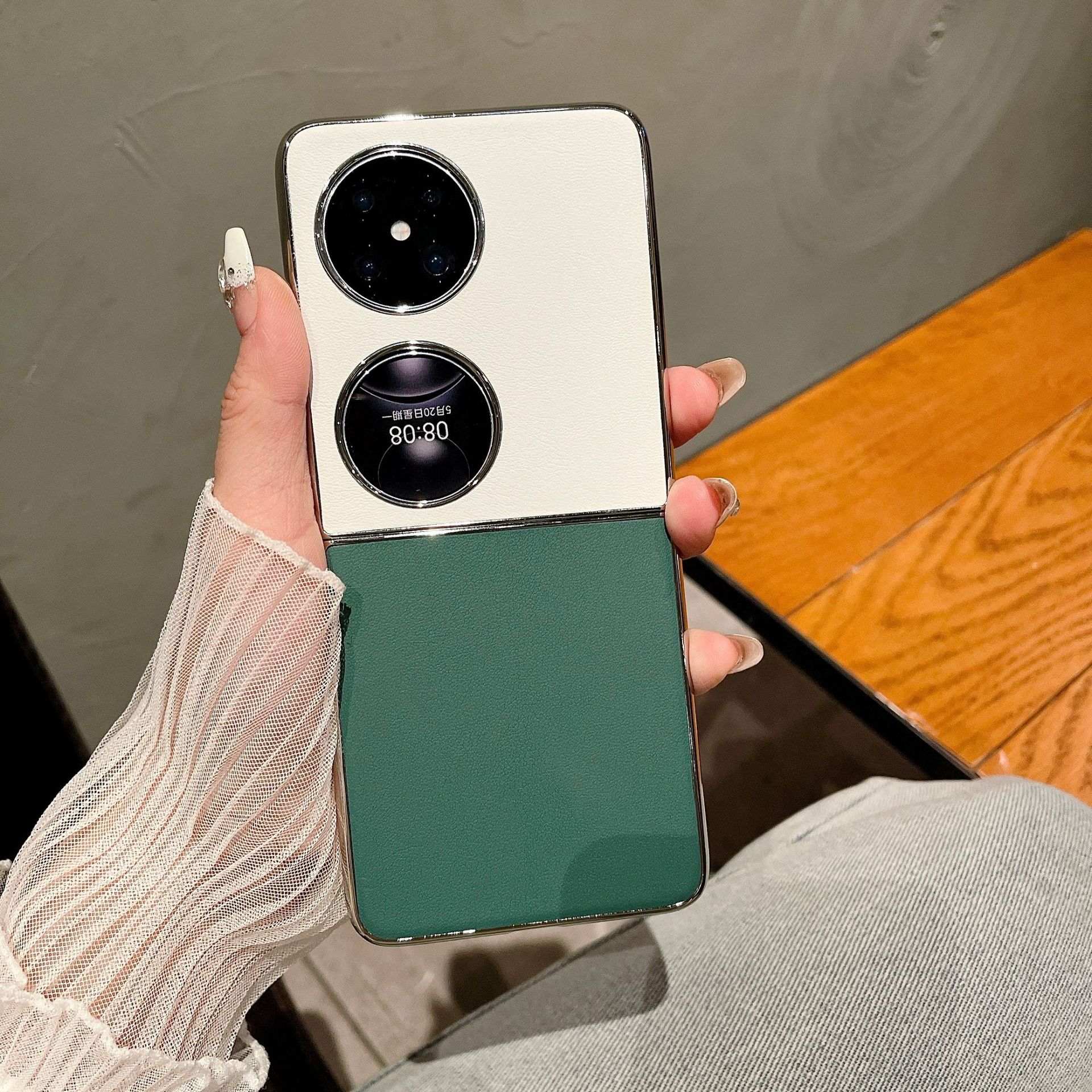 适用华为p50pocket手机壳折叠屏pocket2保护套防摔新款皮纹情侣壳