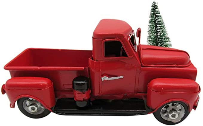 复古手工铁皮汽车模型圣诞工艺红色卡车红色皮卡车精致家居装饰