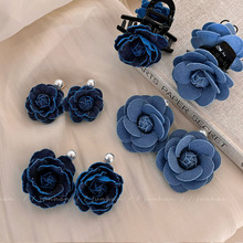 牛仔玫瑰发夹气质发卡抓夹设计感发抓珍珠碎发夹蓝色发饰女