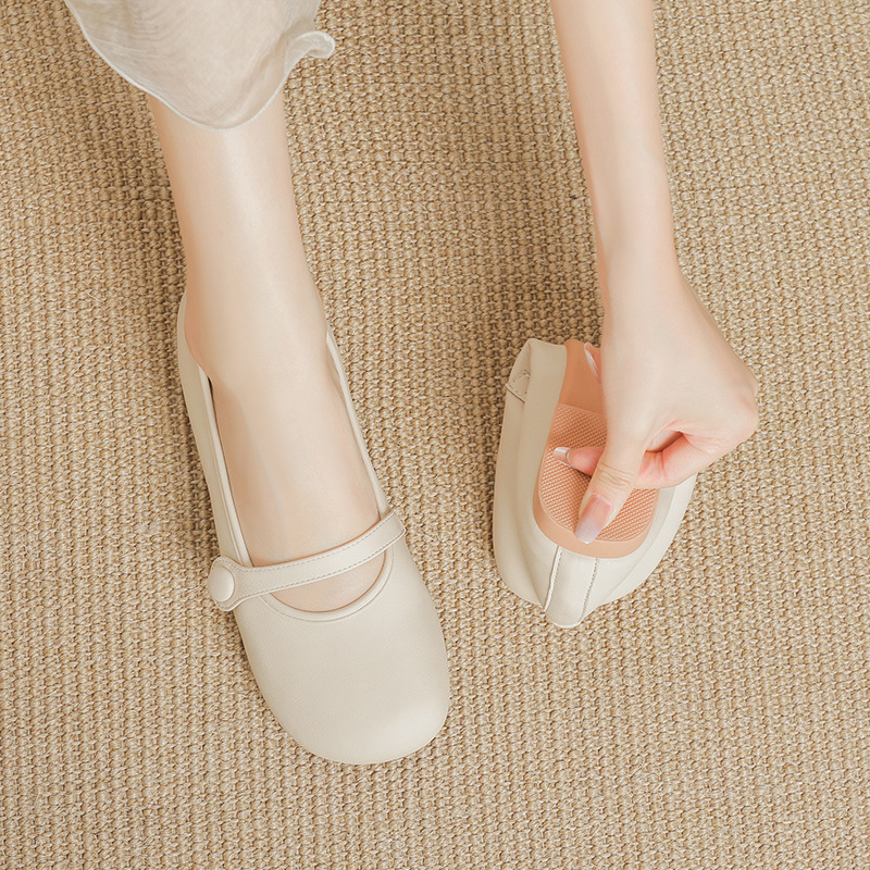 复古软皮豆豆鞋女平底2024夏新款真皮软底玛丽珍小皮鞋米白色单鞋