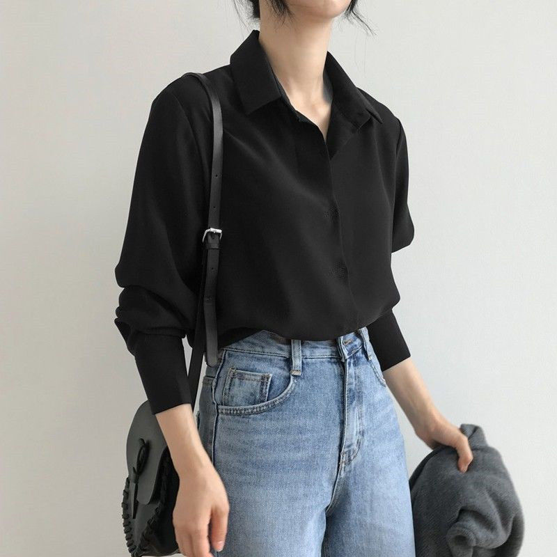 衬衫 女雪纺衬衫女2021春季新款韩版宽松显瘦打底衫黑色职业百搭