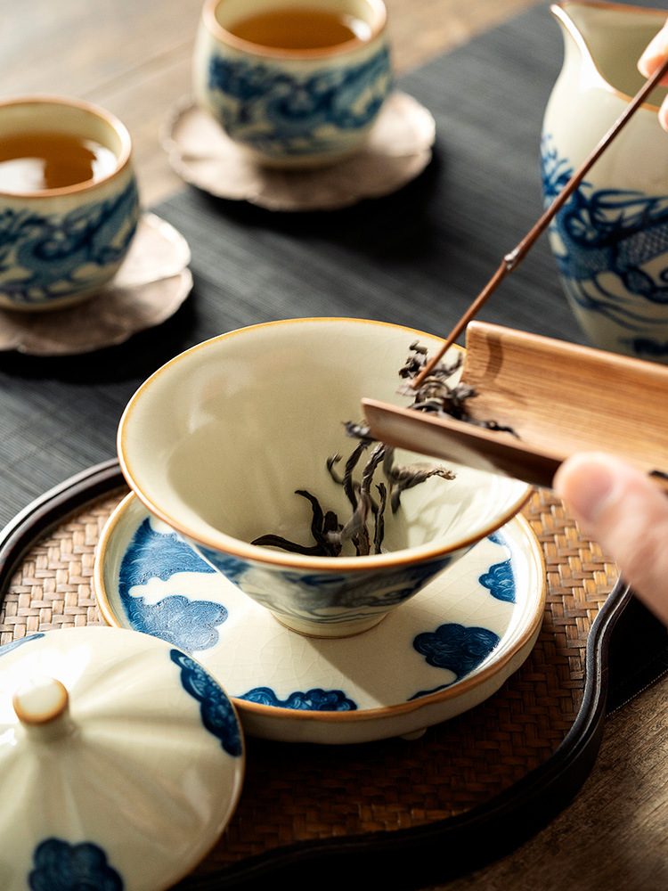 8y汝窑仿元青花斗笠三才盖碗茶杯单个陶瓷功夫茶具泡茶茶碗带