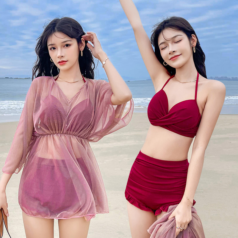 2022 New Swimsuit Women's Summer Korean Ins Slim Looking Belly Covering Conservative Split Three-Piece Blouse Swimming Suit