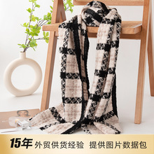 跨境新款韩版棉羊毛围巾女生高级感黑色格纹羊绒围脖通勤两用披肩