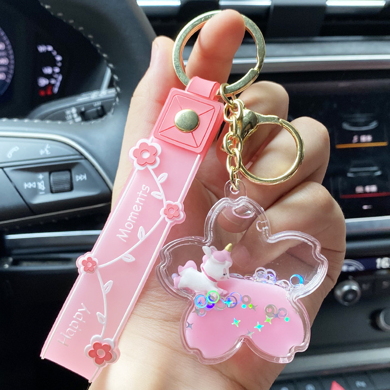 Cherry Blossom Oil Unicorn Keychain Liquid Quicksand Floating Key Chain Ring Net Red Cute Exquisite Pendant Wholesale