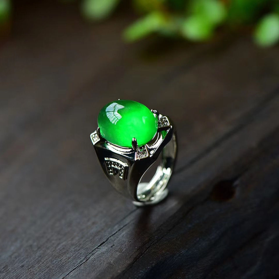 缅甸翡翠戒指男款925镶嵌戒指阳绿满绿祖母绿霸气玉活口戒指