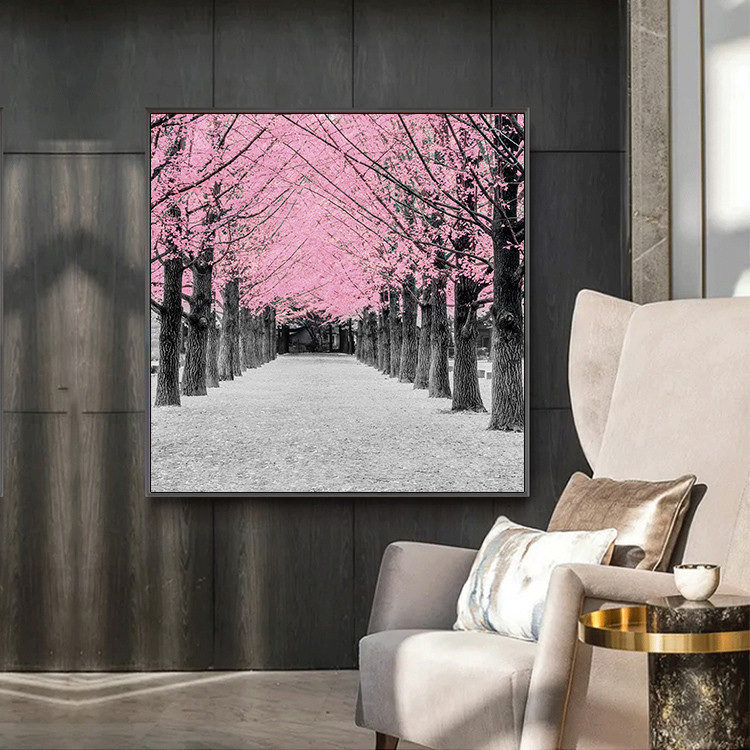 1255抽象风景油画黄金大道树林欧式客厅玄关装饰画正方形壁画