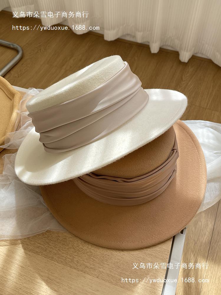 2022秋冬新款英伦范纯羊毛高端褶皱平顶休闲名媛礼帽澳洲百搭优雅