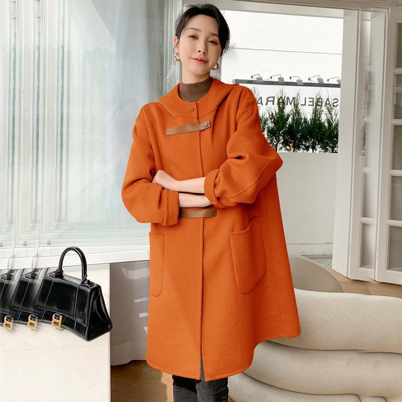 橘色连帽双面呢羊绒大衣女2020年新款欧货中长款宽松毛呢外套