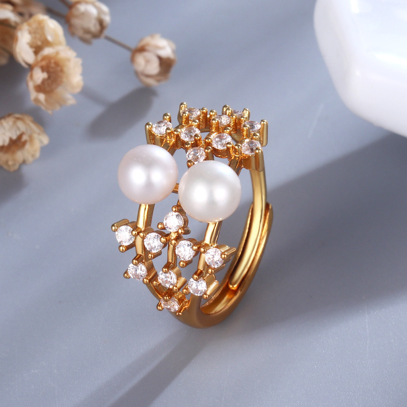 韩版新款满钻复古淡水珍珠戒指个性时尚diy指环空托配件厂家批发