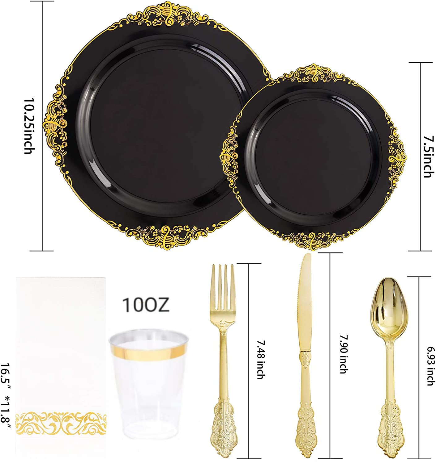 175 pieces disposable tableware embossed dragon pattern black plate with gold lace wine glass knife， fork and spoon ps hard plastic color set